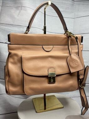 Tory Burch Beige/Tan Leather Top-Handle Satchel with Front Flap Pocket